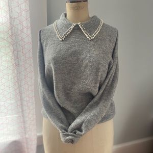 Light Grey Sweater with Pearls on Collar